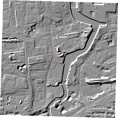 Shaded relief map of the ground around SE83GQ, computed from Environment Agency LiDAR. The ground here sits at about 5 m above sea level and falls 43 m across the surrounding 800 m. Surface water reaching this point runs off ground lying to the north-east, 2.9 m higher.