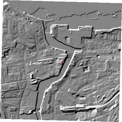 Shaded relief map of the ground around SE83GS, computed from Environment Agency LiDAR. The ground here sits at about 6 m above sea level and falls 9 m across the surrounding 800 m. Surface water reaching this point runs off ground lying to the west-south-west, 5.0 m higher.
