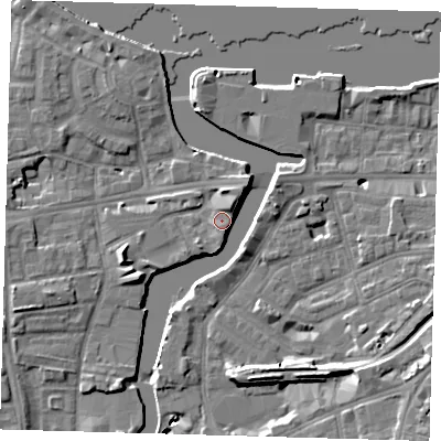 Shaded relief map of the ground around SE83GW, computed from Environment Agency LiDAR. The ground here sits at about 5 m above sea level and falls 11 m across the surrounding 800 m. Surface water reaching this point runs off ground lying to the south-west, 5.6 m higher.