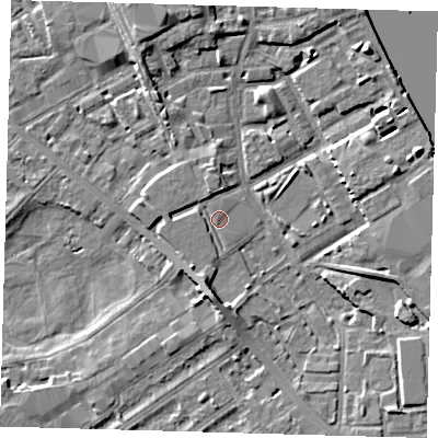 Shaded relief map of the ground around SE83GX, computed from Environment Agency LiDAR. The ground here sits at about 3 m above sea level and falls 7 m across the surrounding 800 m. Surface water reaching this point runs off ground lying to the east-north-east, 6.0 m higher.