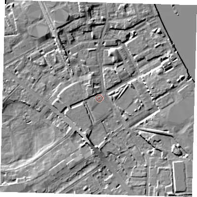 Shaded relief map of the ground around SE83GY, computed from Environment Agency LiDAR. The ground here sits at about 2 m above sea level and falls 46 m across the surrounding 800 m. Surface water reaching this point runs off ground lying to the east-north-east, 6.0 m higher.