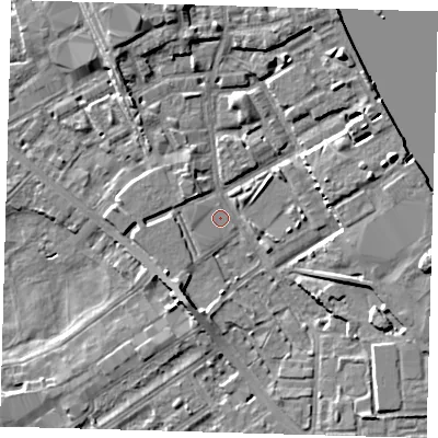 Shaded relief map of the ground around SE83GZ, computed from Environment Agency LiDAR. The ground here sits at about 2 m above sea level and falls 7 m across the surrounding 800 m. Surface water reaching this point runs off ground lying to the east-north-east, 6.0 m higher.