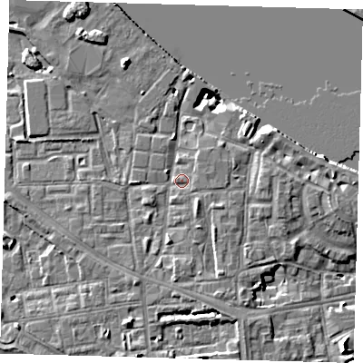 Shaded relief map of the ground around SE83HB, computed from Environment Agency LiDAR. The ground here sits at about 5 m above sea level and falls 10 m across the surrounding 800 m. Surface water reaching this point runs off ground lying to the south-south-east, 3.0 m higher.