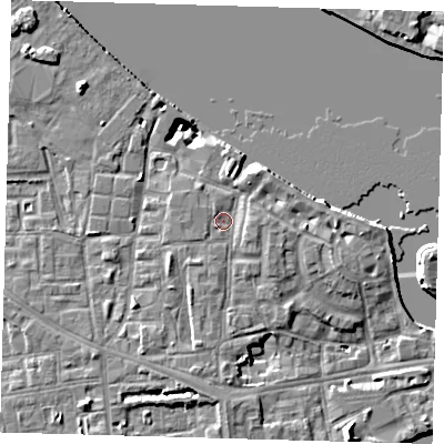 Shaded relief map of the ground around SE83HF, computed from Environment Agency LiDAR. The ground here sits at about 5 m above sea level and falls 10 m across the surrounding 800 m. Surface water reaching this point runs off ground lying to the north-east, 2.2 m higher.