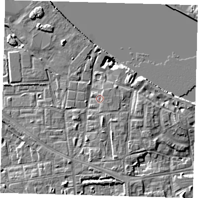 Shaded relief map of the ground around SE83HG, computed from Environment Agency LiDAR. The ground here sits at about 5 m above sea level and falls 10 m across the surrounding 800 m. Surface water reaching this point runs off ground lying to the east-south-east, 0.9 m higher.