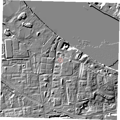 Shaded relief map of the ground around SE83HH, computed from Environment Agency LiDAR. The ground here sits at about 5 m above sea level and falls 8 m across the surrounding 800 m. Surface water reaching this point runs off ground lying to the south-south-east, 1.1 m higher.