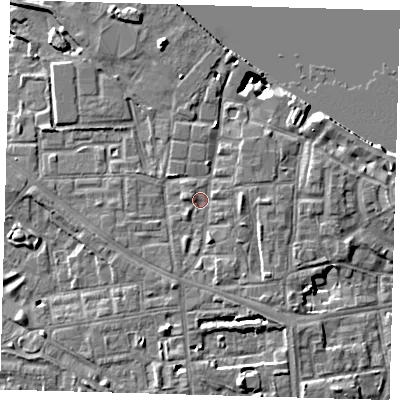 Shaded relief map of the ground around SE83HN, computed from Environment Agency LiDAR. The ground here sits at about 5 m above sea level and falls 9 m across the surrounding 800 m. Surface water reaching this point runs off ground lying to the south-south-east, 4.2 m higher.