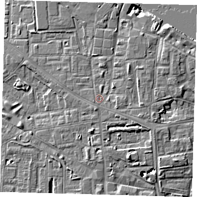 Shaded relief map of the ground around SE83HS, computed from Environment Agency LiDAR. The ground here sits at about 6 m above sea level and falls 43 m across the surrounding 800 m. Surface water reaching this point runs off ground lying to the south-south-east, 4.2 m higher.