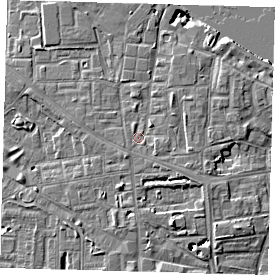 Shaded relief map of the ground around SE83HT, computed from Environment Agency LiDAR. The ground here sits at about 5 m above sea level and falls 43 m across the surrounding 800 m. Surface water reaching this point runs off ground lying to the south-south-east, 4.2 m higher.