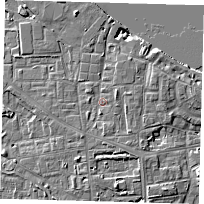 Shaded relief map of the ground around SE83HW, computed from Environment Agency LiDAR. The ground here sits at about 5 m above sea level and falls 17 m across the surrounding 800 m. Surface water reaching this point runs off ground lying to the south, 4.2 m higher.