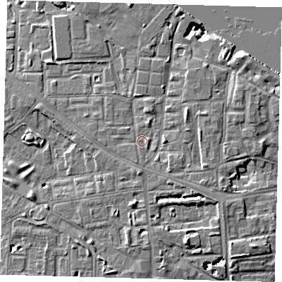 Shaded relief map of the ground around SE83HX, computed from Environment Agency LiDAR. The ground here sits at about 5 m above sea level and falls 43 m across the surrounding 800 m. Surface water reaching this point runs off ground lying to the east-south-east, 0.9 m higher.