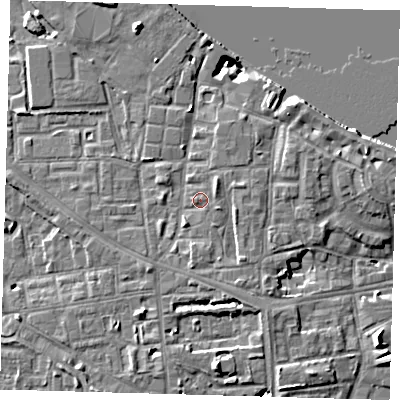 Shaded relief map of the ground around SE83HY, computed from Environment Agency LiDAR. The ground here sits at about 6 m above sea level and falls 14 m across the surrounding 800 m. Surface water reaching this point runs off ground lying to the south-south-east, 1.8 m higher.
