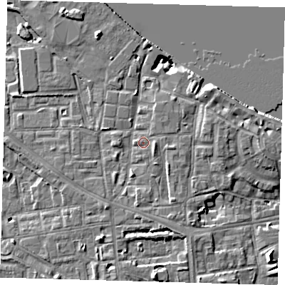 Shaded relief map of the ground around SE83HZ, computed from Environment Agency LiDAR. The ground here sits at about 5 m above sea level and falls 10 m across the surrounding 800 m. Surface water reaching this point runs off ground lying to the east-south-east, 1.6 m higher.