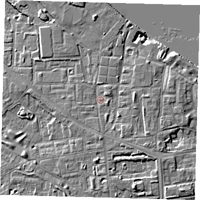 Shaded relief map of the ground around SE83JB, computed from Environment Agency LiDAR. The ground here sits at about 5 m above sea level and falls 9 m across the surrounding 800 m. Surface water reaching this point runs off ground lying to the north-east, 1.4 m higher.