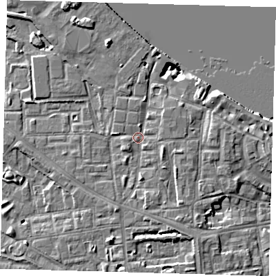 Shaded relief map of the ground around SE83JD, computed from Environment Agency LiDAR. The ground here sits at about 5 m above sea level and falls 8 m across the surrounding 800 m. Surface water reaching this point runs off ground lying to the south-south-east, 3.0 m higher.