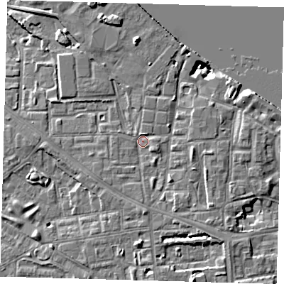 Shaded relief map of the ground around SE83JE, computed from Environment Agency LiDAR. The ground here sits at about 5 m above sea level and falls 9 m across the surrounding 800 m. Surface water reaching this point runs off ground lying to the north-north-east, 1.7 m higher.