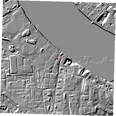 Shaded relief map of the ground around SE83JF, computed from Environment Agency LiDAR. The ground here sits at about 5 m above sea level and falls 8 m across the surrounding 800 m. Surface water reaching this point runs off ground lying to the north-east, 2.2 m higher.