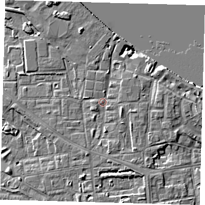 Shaded relief map of the ground around SE83JG, computed from Environment Agency LiDAR. The ground here sits at about 5 m above sea level and falls 9 m across the surrounding 800 m. Surface water reaching this point runs off ground lying to the south, 4.0 m higher.