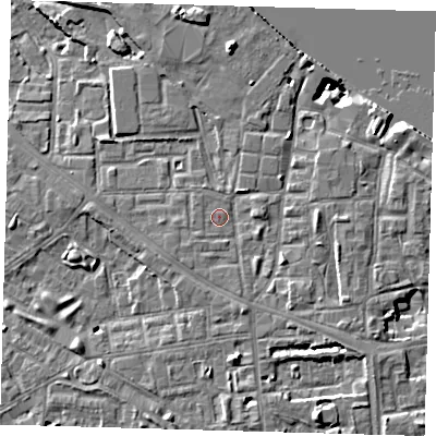 Shaded relief map of the ground around SE83JJ, computed from Environment Agency LiDAR. The ground here sits at about 5 m above sea level and falls 9 m across the surrounding 800 m. Surface water reaching this point runs off ground lying to the east, 1.5 m higher.