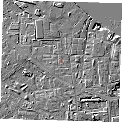 Shaded relief map of the ground around SE83JL, computed from Environment Agency LiDAR. The ground here sits at about 5 m above sea level and falls 9 m across the surrounding 800 m. Surface water reaching this point runs off ground lying to the south-south-west, 0.6 m higher.