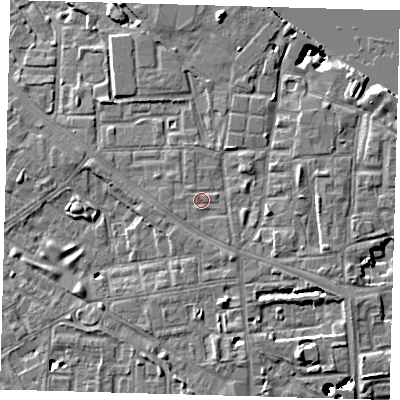 Shaded relief map of the ground around SE83JN, computed from Environment Agency LiDAR. The ground here sits at about 5 m above sea level and falls 43 m across the surrounding 800 m. The ground contributing surface water to this point lies to the south.