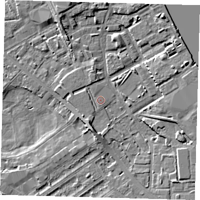 Shaded relief map of the ground around SE83JQ, computed from Environment Agency LiDAR. The ground here sits at about 3 m above sea level and falls 8 m across the surrounding 800 m. Surface water reaching this point runs off ground lying to the east-north-east, 6.0 m higher.
