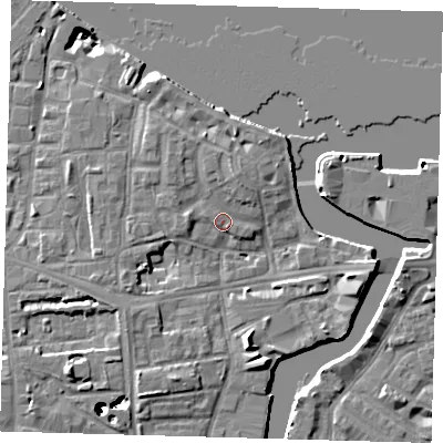Shaded relief map of the ground around SE83JS, computed from Environment Agency LiDAR. The ground here sits at about 5 m above sea level and falls 43 m across the surrounding 800 m. Surface water reaching this point runs off ground lying to the south-south-east, 6.6 m higher.