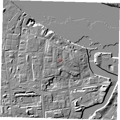 Shaded relief map of the ground around SE83JT, computed from Environment Agency LiDAR. The ground here sits at about 6 m above sea level and falls 10 m across the surrounding 800 m. Surface water reaching this point runs off ground lying to the north-north-west, 1.3 m higher.