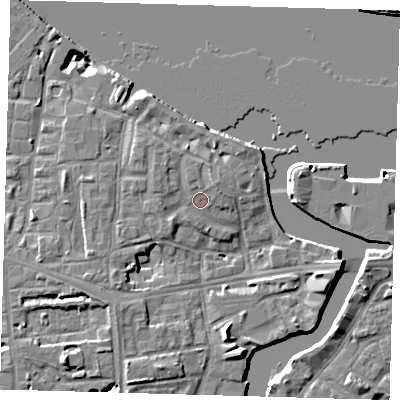 Shaded relief map of the ground around SE83JU, computed from Environment Agency LiDAR. The ground here sits at about 5 m above sea level and falls 17 m across the surrounding 800 m. Surface water reaching this point runs off ground lying to the north-east, 1.7 m higher.