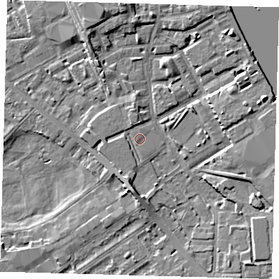 Shaded relief map of the ground around SE83JX, computed from Environment Agency LiDAR. The ground here sits at about 3 m above sea level and falls 7 m across the surrounding 800 m. Surface water reaching this point runs off ground lying to the east-north-east, 6.0 m higher.