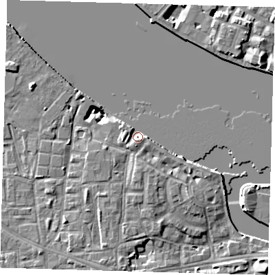 Shaded relief map of the ground around SE83JY, computed from Environment Agency LiDAR. The ground here sits at about 5 m above sea level and falls 8 m across the surrounding 800 m. Surface water reaching this point runs off ground lying to the south-east, 3.4 m higher.