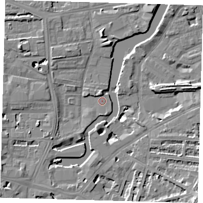 Shaded relief map of the ground around SE83LF, computed from Environment Agency LiDAR. The ground here sits at about 4 m above sea level and falls 47 m across the surrounding 800 m. Surface water reaching this point runs off ground lying to the west-north-west, 42.6 m higher.
