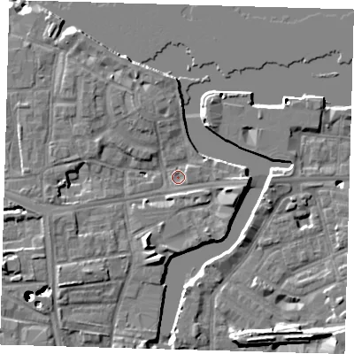 Shaded relief map of the ground around SE83LG, computed from Environment Agency LiDAR. The ground here sits at about 3 m above sea level and falls 43 m across the surrounding 800 m. Surface water reaching this point runs off ground lying to the south-south-west, 5.9 m higher.