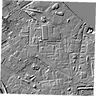 Shaded relief map of the ground around SE83LH, computed from Environment Agency LiDAR. The ground here sits at about 4 m above sea level and falls 10 m across the surrounding 800 m. Surface water reaching this point runs off ground lying to the north-east, 2.9 m higher.