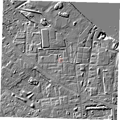 Shaded relief map of the ground around SE83LJ, computed from Environment Agency LiDAR. The ground here sits at about 5 m above sea level and falls 8 m across the surrounding 800 m. Surface water reaching this point runs off ground lying to the east-south-east, 0.9 m higher.