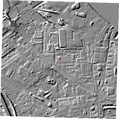 Shaded relief map of the ground around SE83LL, computed from Environment Agency LiDAR. The ground here sits at about 5 m above sea level and falls 9 m across the surrounding 800 m. Surface water reaching this point runs off ground lying to the north, 0.7 m higher.