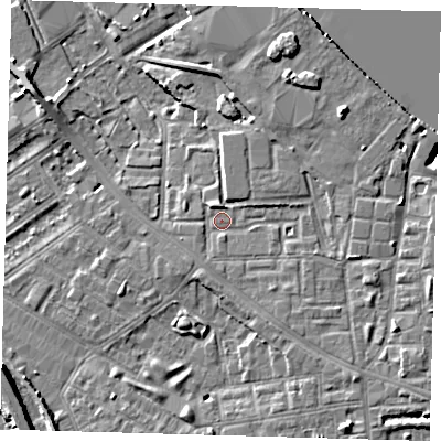 Shaded relief map of the ground around SE83LN, computed from Environment Agency LiDAR. The ground here sits at about 4 m above sea level and falls 9 m across the surrounding 800 m. Surface water reaching this point runs off ground lying to the north-east, 2.9 m higher.