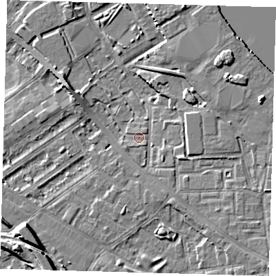 Shaded relief map of the ground around SE83LP, computed from Environment Agency LiDAR. The ground here sits at about 3 m above sea level and falls 9 m across the surrounding 800 m. Surface water reaching this point runs off ground lying to the south-west, 1.0 m higher.
