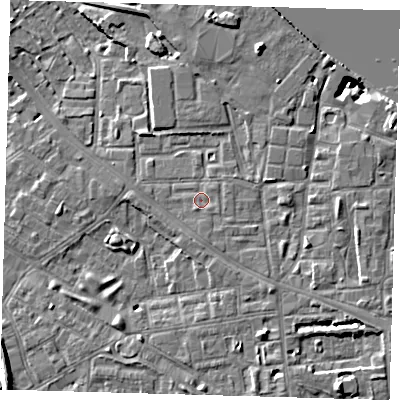 Shaded relief map of the ground around SE83LQ, computed from Environment Agency LiDAR. The ground here sits at about 5 m above sea level and falls 10 m across the surrounding 800 m. Surface water reaching this point runs off ground lying to the south, 0.9 m higher.