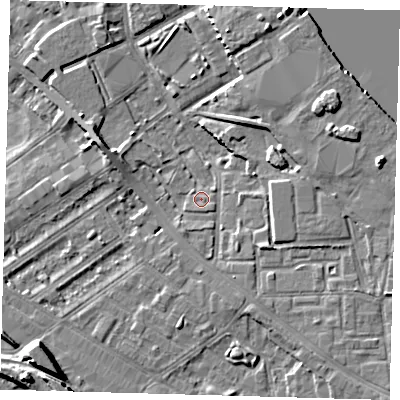 Shaded relief map of the ground around SE83LR, computed from Environment Agency LiDAR. The ground here sits at about 3 m above sea level and falls 9 m across the surrounding 800 m. Surface water reaching this point runs off ground lying to the south-south-west, 1.1 m higher.
