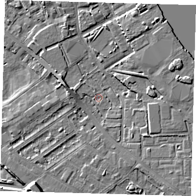 Shaded relief map of the ground around SE83LT, computed from Environment Agency LiDAR. The ground here sits at about 2 m above sea level and falls 10 m across the surrounding 800 m. Surface water reaching this point runs off ground lying to the west-north-west, 2.9 m higher.