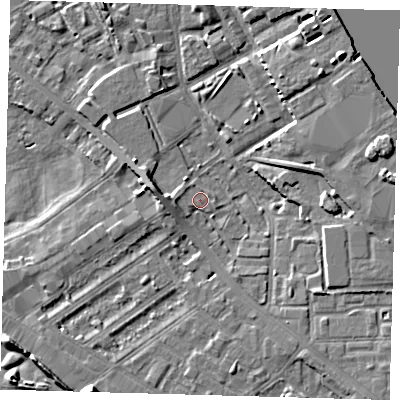 Shaded relief map of the ground around SE83LU, computed from Environment Agency LiDAR. The ground here sits at about 3 m above sea level and falls 10 m across the surrounding 800 m. Surface water reaching this point runs off ground lying to the west, 1.7 m higher.