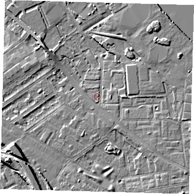 Shaded relief map of the ground around SE83LW, computed from Environment Agency LiDAR. The ground here sits at about 4 m above sea level and falls 9 m across the surrounding 800 m. Surface water reaching this point runs off ground lying to the south-east, 2.2 m higher.