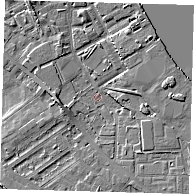 Shaded relief map of the ground around SE83LY, computed from Environment Agency LiDAR. The ground here sits at about 2 m above sea level and falls 7 m across the surrounding 800 m. Surface water reaching this point runs off ground lying to the east-north-east, 5.3 m higher.