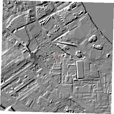 Shaded relief map of the ground around SE83LZ, computed from Environment Agency LiDAR. The ground here sits at about 2 m above sea level and falls 9 m across the surrounding 800 m. Surface water reaching this point runs off ground lying to the south-east, 4.1 m higher.