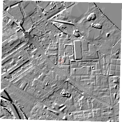 Shaded relief map of the ground around SE83NA, computed from Environment Agency LiDAR. The ground here sits at about 3 m above sea level and falls 9 m across the surrounding 800 m. Surface water reaching this point runs off ground lying to the east-south-east, 2.9 m higher.