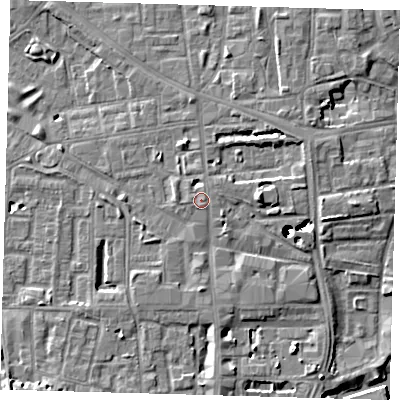Shaded relief map of the ground around SE83NU, computed from Environment Agency LiDAR. The ground here sits at about 6 m above sea level and falls 45 m across the surrounding 800 m. Surface water reaching this point runs off ground lying to the north-north-east, 2.3 m higher.