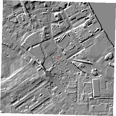 Shaded relief map of the ground around SE83NW, computed from Environment Agency LiDAR. The ground here sits at about 2 m above sea level and falls 7 m across the surrounding 800 m. Surface water reaching this point runs off ground lying to the north-east, 6.0 m higher.