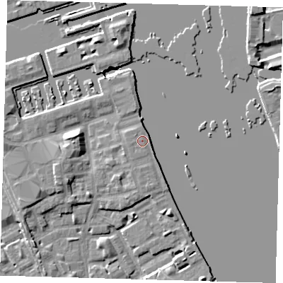 Shaded relief map of the ground around SE83PB, computed from Environment Agency LiDAR. The ground here sits at about 5 m above sea level and falls 8 m across the surrounding 800 m. Surface water reaching this point runs off ground lying to the south-east, 2.5 m higher.