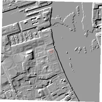 Shaded relief map of the ground around SE83PD, computed from Environment Agency LiDAR. The ground here sits at about 5 m above sea level and falls 8 m across the surrounding 800 m. The ground contributing surface water to this point lies to the south-east.